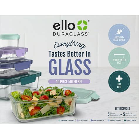 Ello Duraglass Glass Containers and Plastic Lids, 10 Piece Food Storage Containers, Set of 5 ...