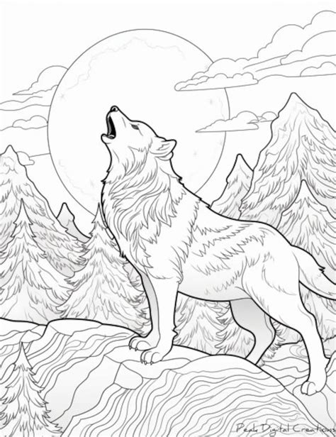 Moonlit Serenade Wolf Howling Coloring Page Etsy