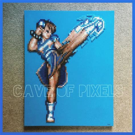 Chun Li Perler Beadsprite On Painted Canvas By Caveofpixels On