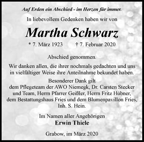 Traueranzeigen von Martha Schwarz Märkische Onlinezeitung Trauerportal