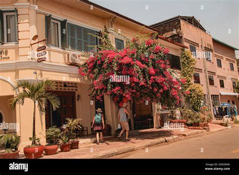 Kampot Cambodia Feb 14 2020 The Tourists Walking Along The Old