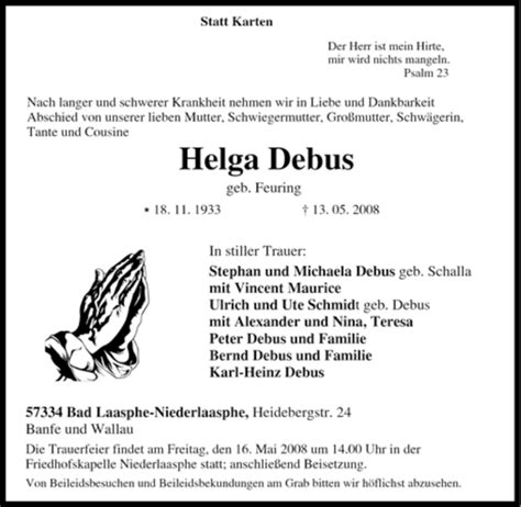 Trauer Und Todesanzeigen Von Helga Debus Trauer De