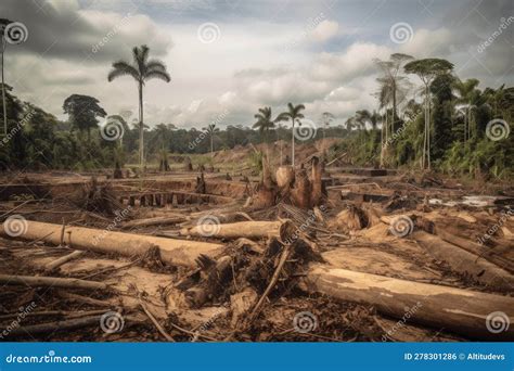 Deforestation And Habitat Destruction In A Tropical Rainforest With Trees Being Felled And