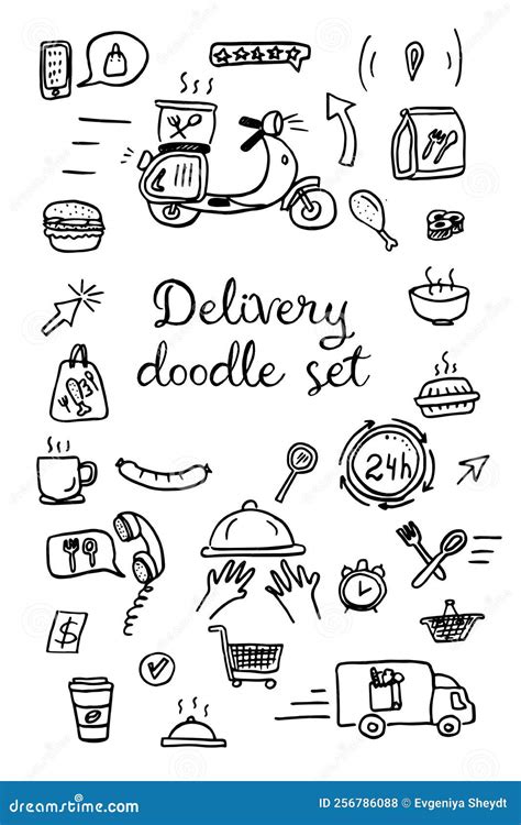 Hand Drawn Simple Doodle Set Of Food Delivery Related Vector Line Icons