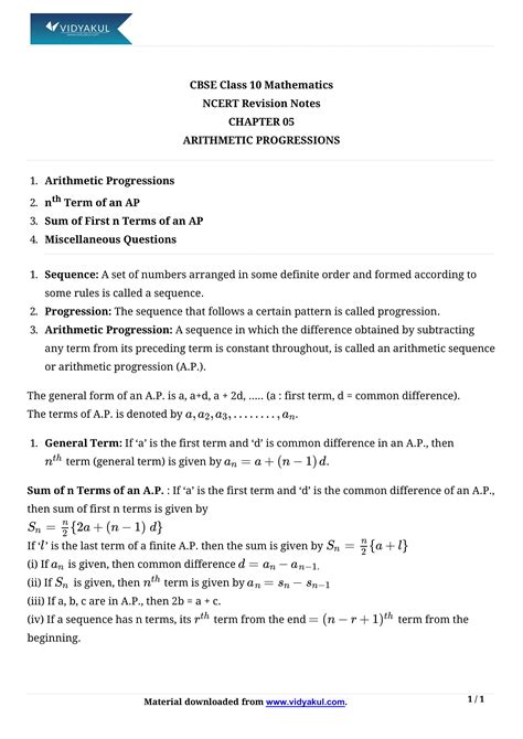 Class 10th Math Arithmetic Progressions Ncert Notes Cbse 2023