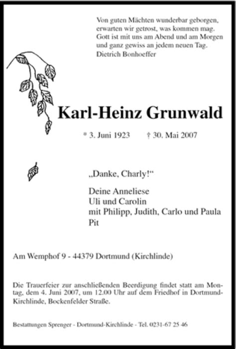 Traueranzeigen Von Karl Heinz Grunwald Trauer In NRW De