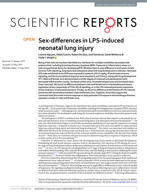 Pdf Sex Differences In Lps Induced Neonatal Lung Injury