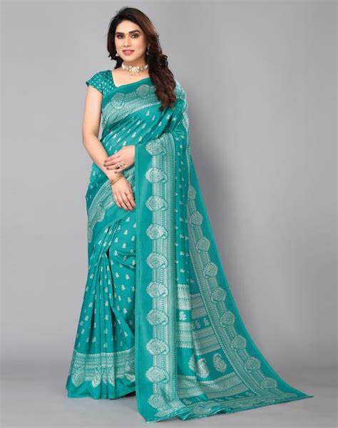 Buy Siril Poly Silk Green Off White Color Saree With Blouse Piece