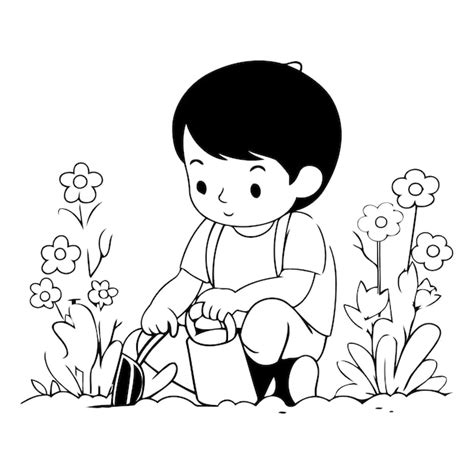 Un niño lindo regando flores en el jardín Vector Premium