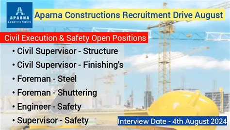 Walk In Interview For Civil Supervisor And Safety Engineer At Aparna Constructions Date 4th