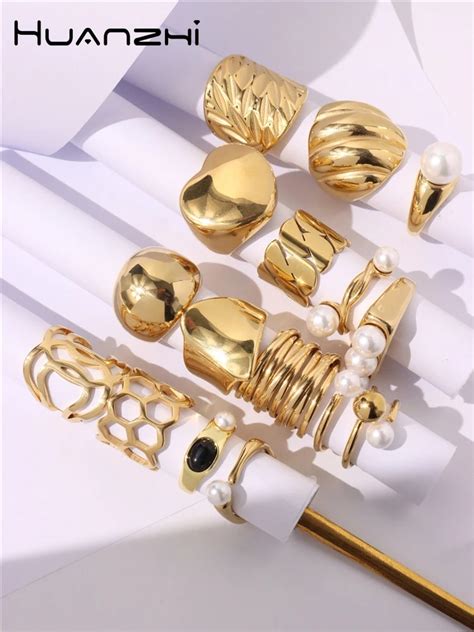 Huanzhi Gold Colour Geometric Rings Pearl Hollow Multi Layer Pattern