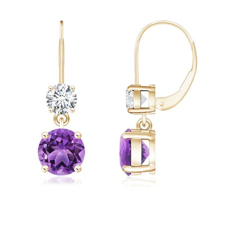 Angara Round Amethyst Leverback Dangle Earrings With Diamond In 14k Yellow Gold 6mm Amethyst