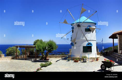 Greek Traditional Windmill On Skinari Cape Zakynthos Island Greece