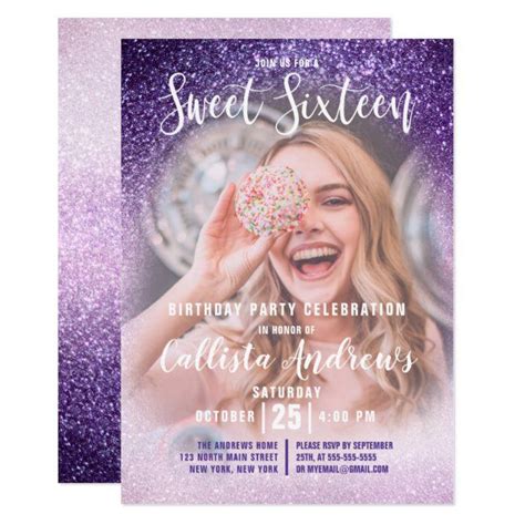 Violet Lilac Triple Glitter Ombre Photo Sweet Invitation Zazzle