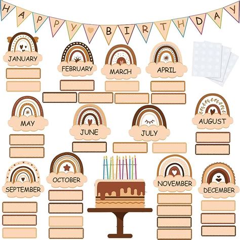 Modern Boho Rainbow Birthday Chart Editable Neutral Rainbow Classroom