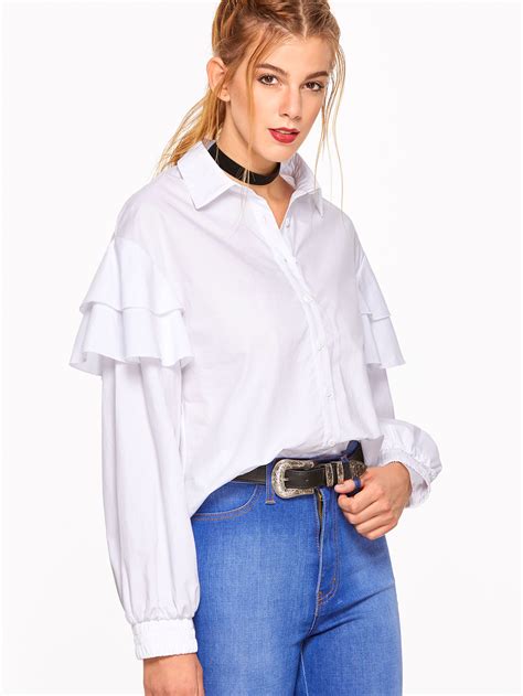 White Layered Ruffle Sleeve Elastic Cuff Blouse Shein Sheinside