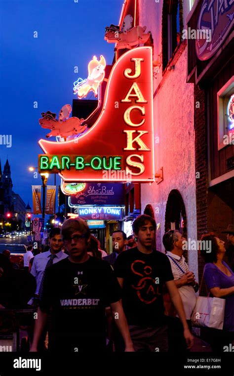 Neon Signs At Jacks Bar B Que Illuminate Broadway Street In Downtown