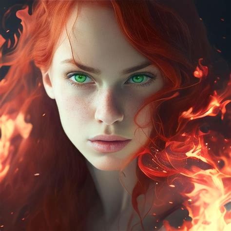 Una Mujer De Ojos Verdes Y Fuego En El Pelo Foto Premium