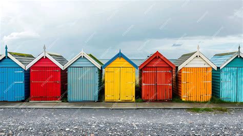 Premium Photo A Row Of Five Colorful Beach Huts On A Shingle Beach