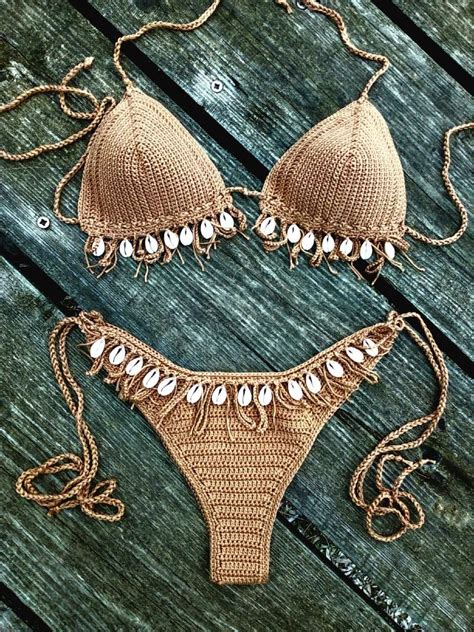 Crochet Bikini Set Tan Brown Bronze Bikini With Sea Shells Etsy Crochet Bikini Set Crochet