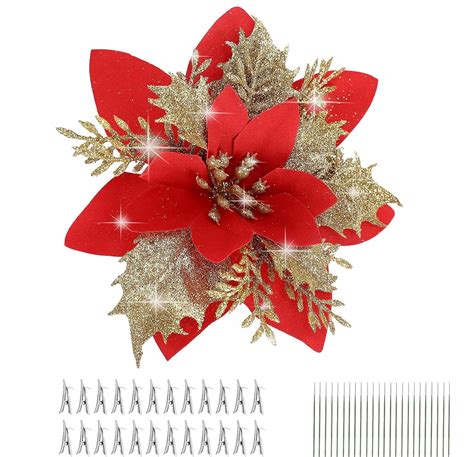 24 Pcs Christmas Poinsettia Flower Artificial Pointsettia With Clips