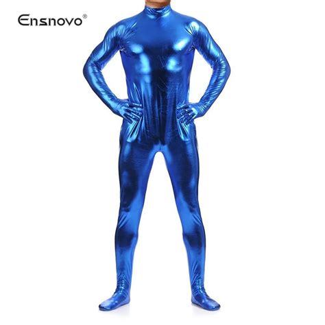 Ensnovo Men Nylon Lycra Spandex Suit Black Shiny Metallic Tights