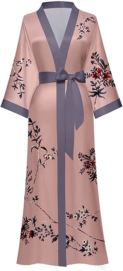 Amitofo Long Silk Kimono Robes For Women Lightweight Silky Satin Floral