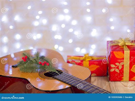 Christmas Music Backgroundguitar And Red Ts Stock Photo Image Of