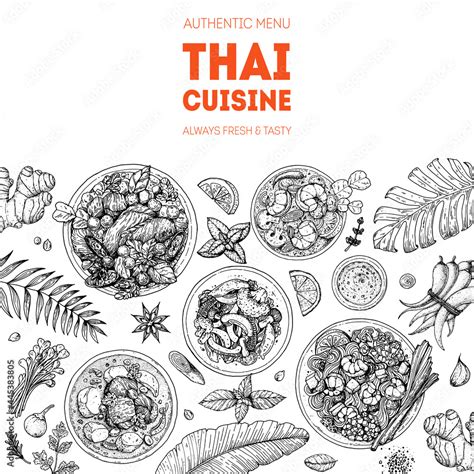 Thai Food Top View Vector Illustration Food Menu Design Template Hand