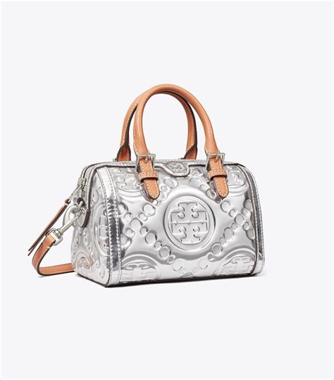 Mini T Monogram Embossed Metallic Barrel Bag Womens Designer Crossbody Bags Tory Burch