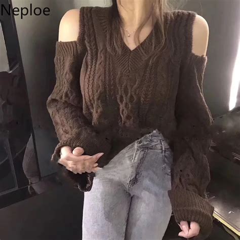 Neploe Korean Twist Sweater Sexy Strapless Shoulder Long Sleeve Pull