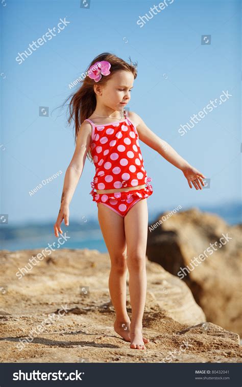 Cute Child Wearing Swimsuit Walking Beach Stock Photo 80432041