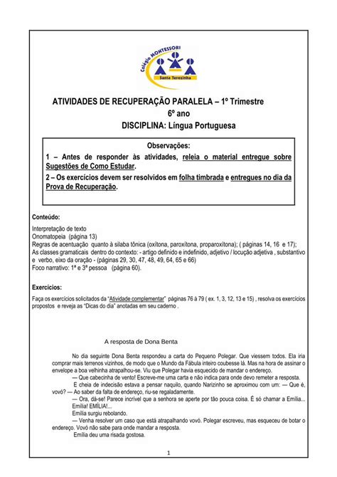 PDF ATIVIDADES DE RECUPERAÇÃO PARALELA 1º Trimestre 6º ano PDF