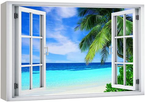 Wall Canvas Print Wall Art Window View Teal Blue Beach Shore Tropical