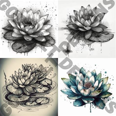 Water Lily Tattoo Design Pack 4 PSD and PNG Files Perfect for Artists ...