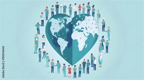 Top View Of Heart Shape World Map And Gather The Healthcare Workers