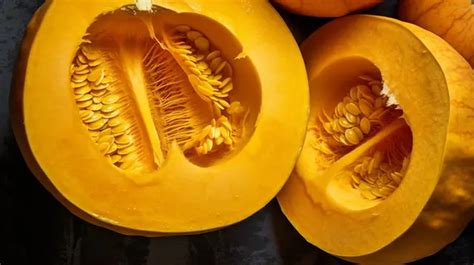 Top View Close Up Of Yellow Pumpkin Halved With Pulp Texture As