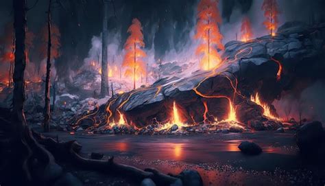 Premium AI Image | Forest on fire by magma from volcano eruption smoke ...