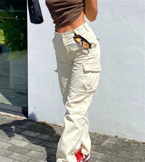 Cream Y2k Vintage Style Cargo Pants Baggy Jeans Women Fashion 90s