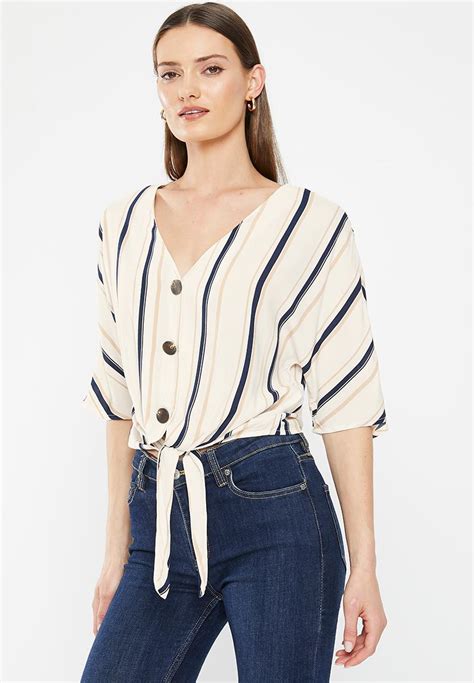 Front Tie Shortsleeve Blouse Off White Stripe Hailys Blouses