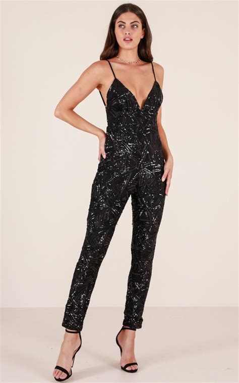 Showpo Winter Fling Jumpsuit In Black Sequin 12 L Rompers And Black