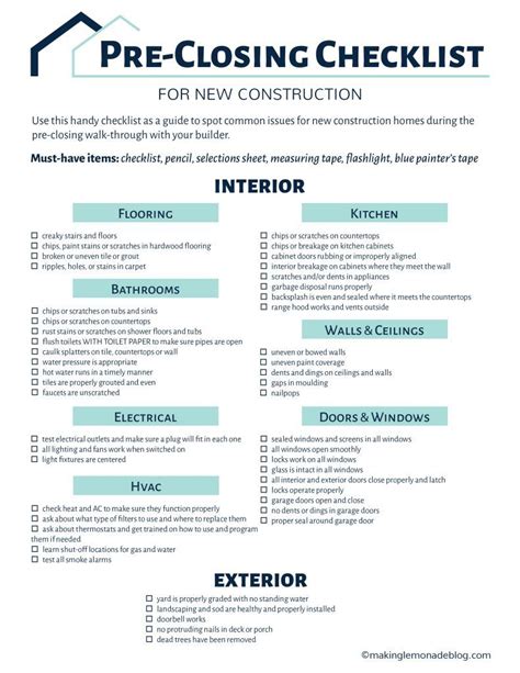 Pre-Closing Checklist for New Construction Homes