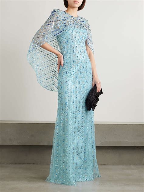 Jenny Packham Cape Effect Ruched Crystal And Sequin Embellished Tulle