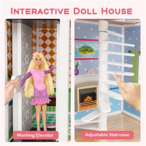 Wooden Dollhouse with Working Elevator and Rotatable Staircase - Costway