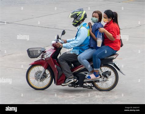 Samut Prakan Thailand Oct A Pair Of Women Ride A Moto Taxi