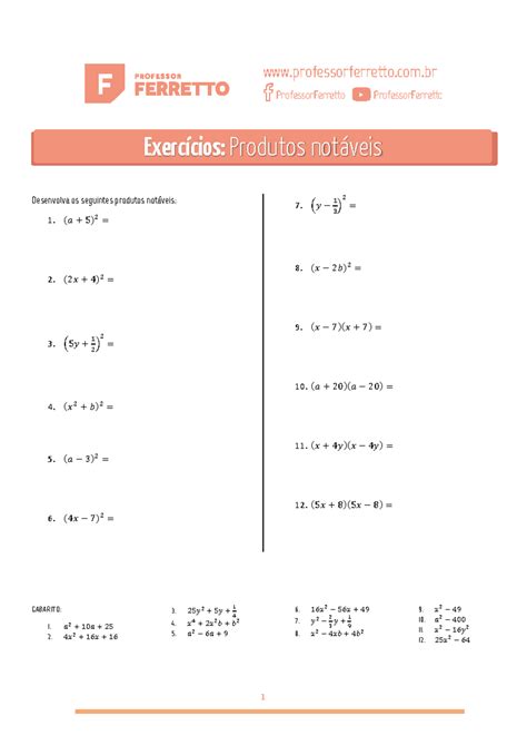 Lista De Exercicios De Fixa O Desenvolva Os Seguintes Produtos