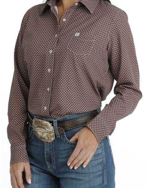 Womens Cinch Coral And Olive Geo Print Arena Flex Long Sleeve Button Western Shirt Cowpokes