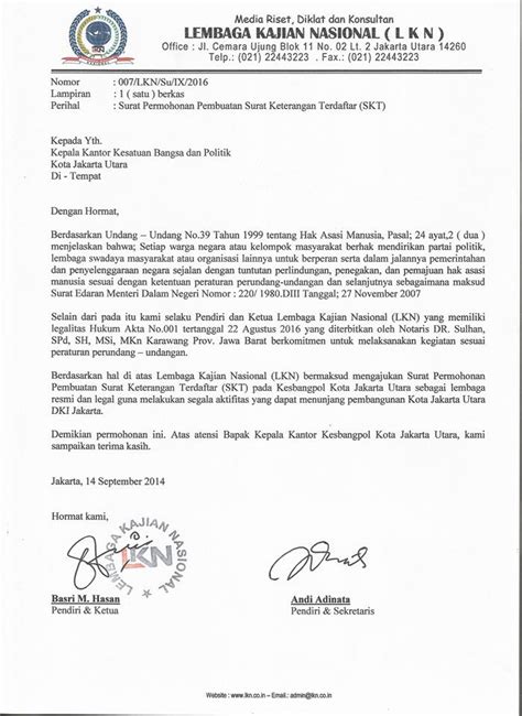 Contoh Surat Permohonan Pendaftaran Ke Kesbangpol Surat Permohonan