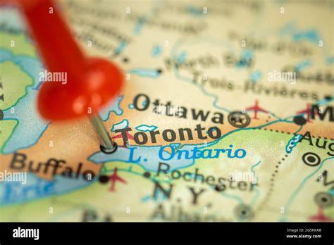 Location Toronto city in Canada, map with red push pin pointing closeup ...