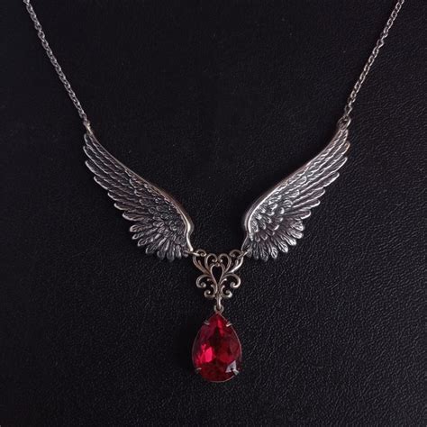 Gothic Angel Wings Necklace Angel Guardian Red Acrylic Crystal Pendant